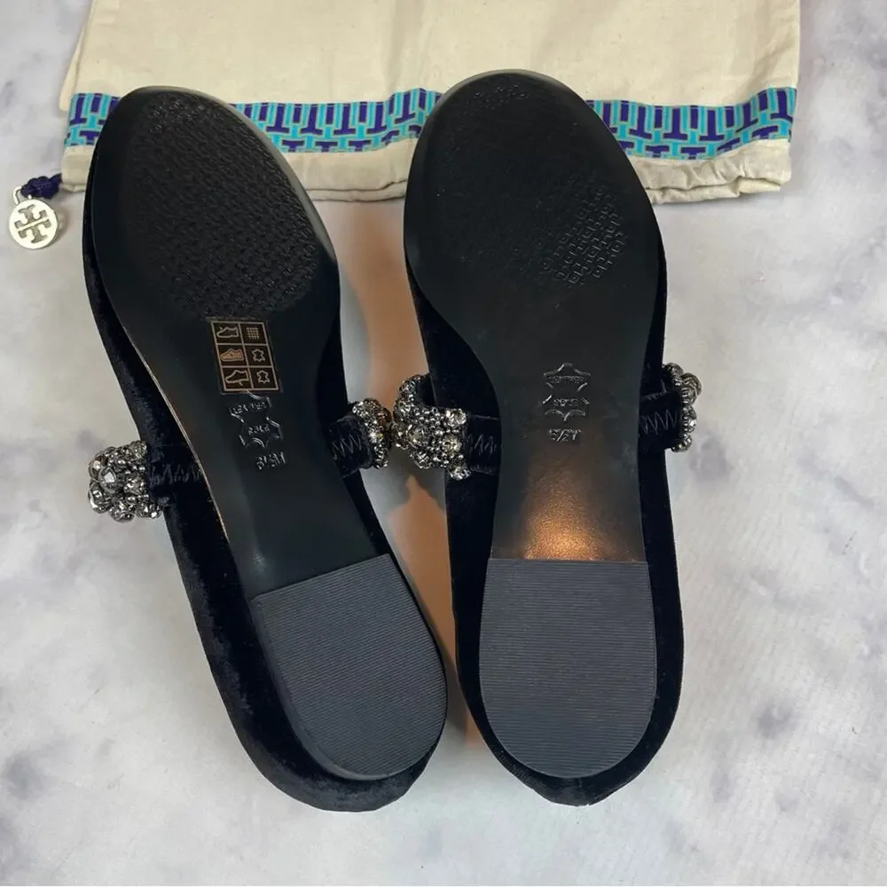 Tory Burch Black Velvet Crystal Strap Mary Jane Flats NWOB Sz 6.5